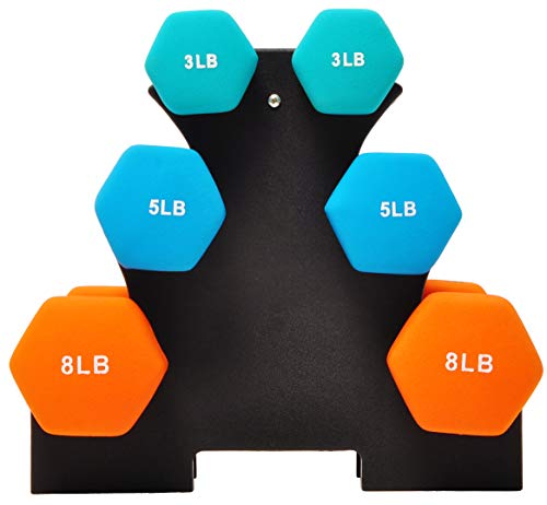 Signature Fitness Neoprene Coated Dumbbell Set with Stand (3lbs, 5lbs, 8lbs Set), Multicolor