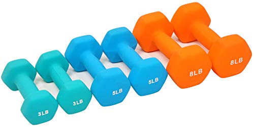 Signature Fitness Neoprene Coated Dumbbell Set with Stand (3lbs, 5lbs, 8lbs Set), Multicolor
