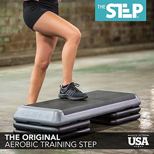 The Step (Made in USA) Original Aerobic Platform for Total Body Fitness â Health Club Size with Grey Platform and 4 Original Black Risers