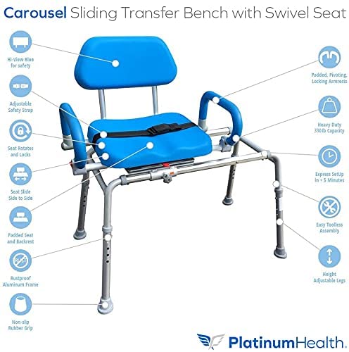 Carousel Sliding Transfer Bench with Swivel Seat. Premium PADDED Bath and Shower Chair with Pivoting Arms. Space Saving Design for Tubs and Shower.