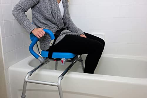 Carousel Sliding Transfer Bench with Swivel Seat. Premium PADDED Bath and Shower Chair with Pivoting Arms. Space Saving Design for Tubs and Shower.
