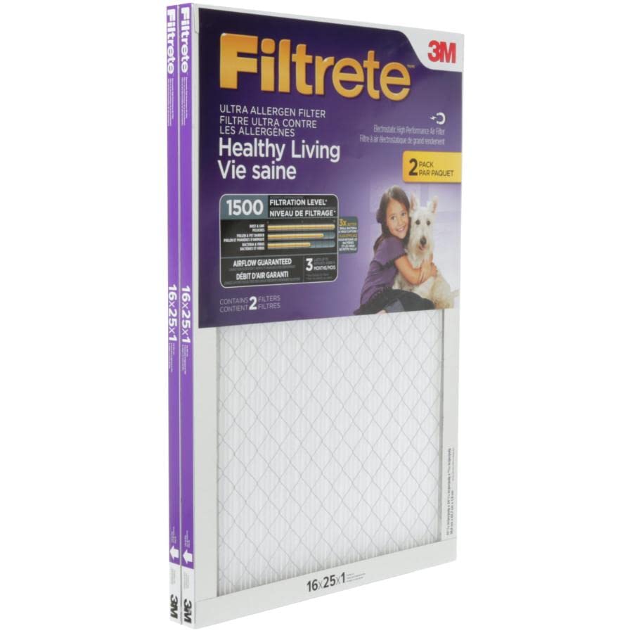 Filtrete 16x25x1, AC Furnace Air Filter, MPR 1500, Healthy Living Ultra Allergen, 2-Pack (exact dimensions 15.69 x 24.69 x 0.78)