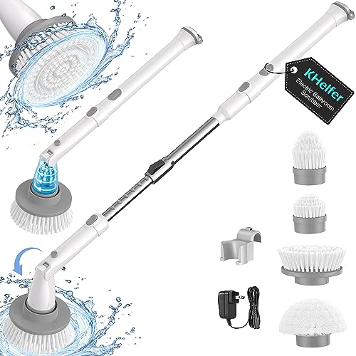 kHelfer Electric Spin Scrubber KH8W, Cordless Grout Shower Power Bathroom Scrubber with 4 Replaceable Brush Heads and Extension Handle, Household Cleaning Brush for Tile, Floor, Bathtub, Kitchens
