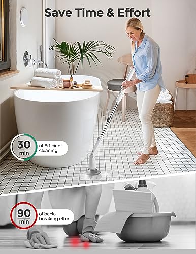 kHelfer Electric Spin Scrubber KH8W, Cordless Grout Shower Power Bathroom Scrubber with 4 Replaceable Brush Heads and Extension Handle, Household Cleaning Brush for Tile, Floor, Bathtub, Kitchens