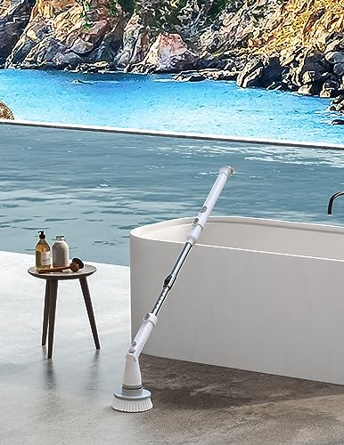 kHelfer Electric Spin Scrubber KH8W, Cordless Grout Shower Power Bathroom Scrubber with 4 Replaceable Brush Heads and Extension Handle, Household Cleaning Brush for Tile, Floor, Bathtub, Kitchens