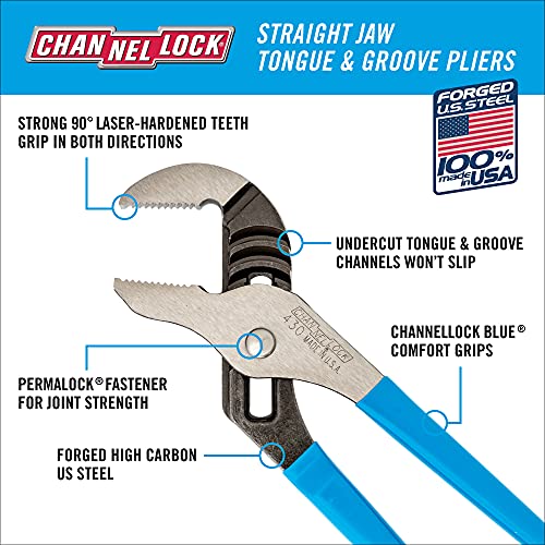 Channellock 430 Tongue & Groove Pliers | 10" Straight Jaw Groove Joint Plier with Comfort Grips | 2" Jaw Capacity | Laser Heat-Treated 90Â° Teeth| Forged From High Carbon Steel | Made In USA,Black, Blue, Silver,10-Inch