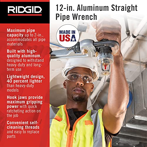 RIDGID 47057 Model 812 Aluminum Straight Pipe Wrench, 12-inch Plumbing Wrench , Small , Silver