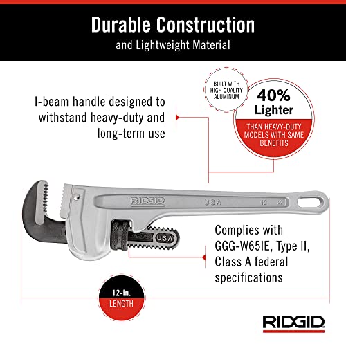 RIDGID 47057 Model 812 Aluminum Straight Pipe Wrench, 12-inch Plumbing Wrench , Small , Silver