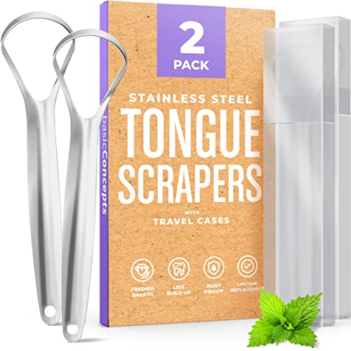 BASIC CONCEPTS Tongue Scraper (2 Pack), Reduce Bad Breath (Travel Cases Included), Stainless Steel Tongue Cleaners, 100% Metal Tongue Scrapers Fresher Breath