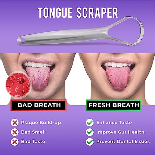 BASIC CONCEPTS Tongue Scraper (2 Pack), Reduce Bad Breath (Travel Cases Included), Stainless Steel Tongue Cleaners, 100% Metal Tongue Scrapers Fresher Breath