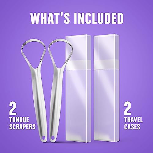 BASIC CONCEPTS Tongue Scraper (2 Pack), Reduce Bad Breath (Travel Cases Included), Stainless Steel Tongue Cleaners, 100% Metal Tongue Scrapers Fresher Breath