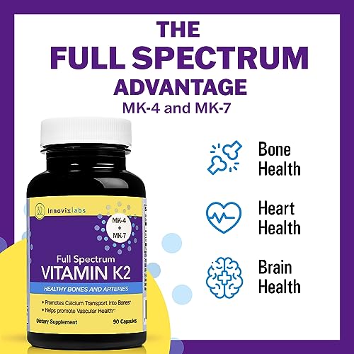 InnovixLabs Full Spectrum Vitamin K2 with MK-7 and MK-4, All-Trans Bioactive K2, 600 mcg K2 per Pill, Soy & Gluten Free, Non-GMO, 90 Capsules, Supports Healthy Bones & Arteries Vitamin K2 MK7 + MK4