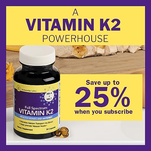 InnovixLabs Full Spectrum Vitamin K2 with MK-7 and MK-4, All-Trans Bioactive K2, 600 mcg K2 per Pill, Soy & Gluten Free, Non-GMO, 90 Capsules, Supports Healthy Bones & Arteries Vitamin K2 MK7 + MK4