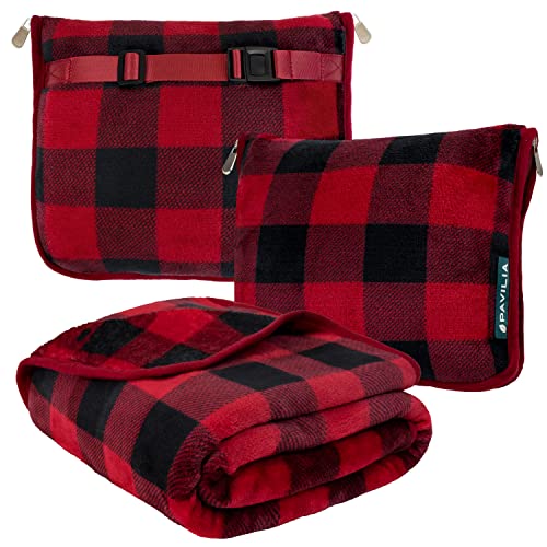 PAVILIA Travel Blanket and Pillow, Dual Zippers, Clip On Strap, Warm Soft Fleece 2-in-1 Combo Blanket Airplane, Camping, Car, Large Compact Blanket Set, Luggage Backpack Strap, 60 x 43 (Checker Red)