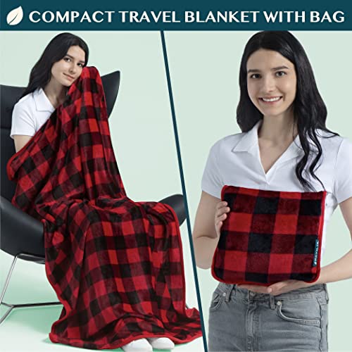 PAVILIA Travel Blanket and Pillow, Dual Zippers, Clip On Strap, Warm Soft Fleece 2-in-1 Combo Blanket Airplane, Camping, Car, Large Compact Blanket Set, Luggage Backpack Strap, 60 x 43 (Checker Red)