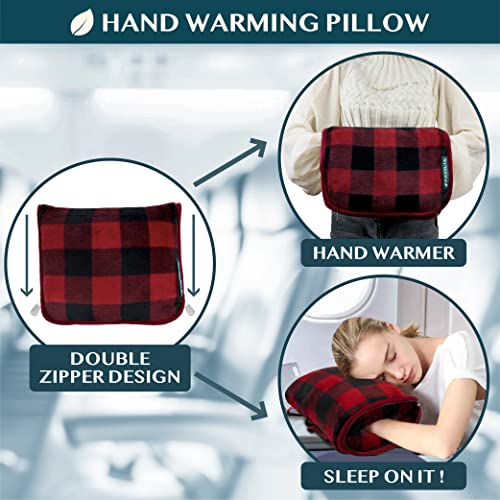 PAVILIA Travel Blanket and Pillow, Dual Zippers, Clip On Strap, Warm Soft Fleece 2-in-1 Combo Blanket Airplane, Camping, Car, Large Compact Blanket Set, Luggage Backpack Strap, 60 x 43 (Checker Red)