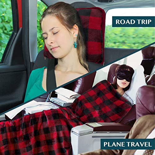 PAVILIA Travel Blanket and Pillow, Dual Zippers, Clip On Strap, Warm Soft Fleece 2-in-1 Combo Blanket Airplane, Camping, Car, Large Compact Blanket Set, Luggage Backpack Strap, 60 x 43 (Checker Red)