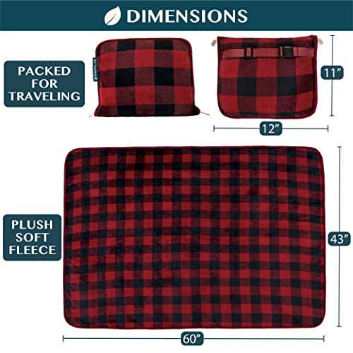PAVILIA Travel Blanket and Pillow, Dual Zippers, Clip On Strap, Warm Soft Fleece 2-in-1 Combo Blanket Airplane, Camping, Car, Large Compact Blanket Set, Luggage Backpack Strap, 60 x 43 (Checker Red)