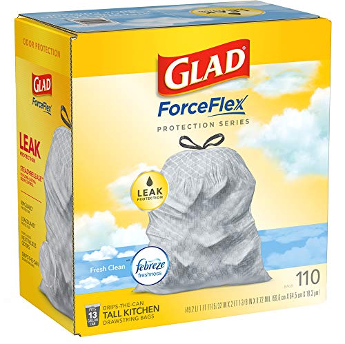 Glad ForceFlex Tall Kitchen Drawstring Trash Bags, 13 Gal, Fresh Clean Scent with Febreze, 110 Ct