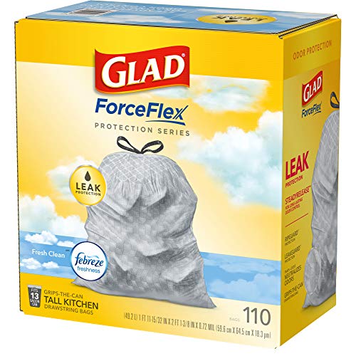 Glad ForceFlex Tall Kitchen Drawstring Trash Bags, 13 Gal, Fresh Clean Scent with Febreze, 110 Ct