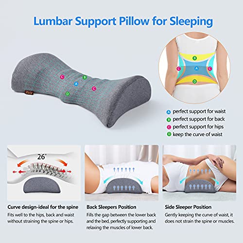 Lumbar Support Pillow for Sleeping, Heated Lower Back Support Pillow with Graphene Heating for Lower Back Pain Relief, Memory Foam Back Waist Cushion for Bed and Chair (Dark Grey)