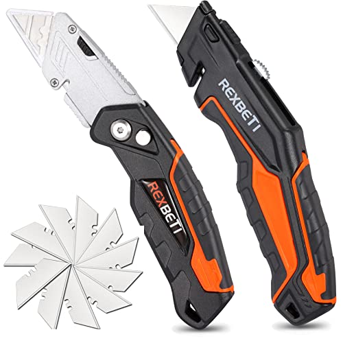 REXBETI 2-Pack Utility Knife, SK5 Heavy Duty Retractable Box Cutter for Cartons, Cardboard and Boxes, Blade Storage Design, Extra 10 Blades Included