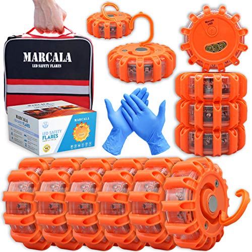 MARCALA Emergency Flares for Cars 12-Pack | Roadside Safety Discs | LED Safety Flare Emergency Lights | The only COMPLETE Safety Disc Kit w/ 2 Added Items! | Feel safer on the road!!