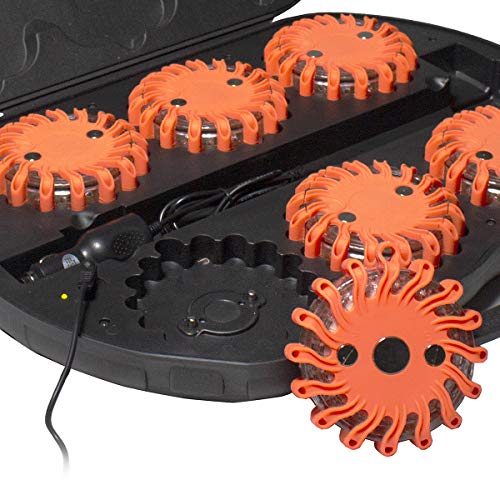 SpeedTech Lights 6 Pack of Rechargeable 16 LED Road Flare Disc Warning Beacon Emergency Flares for the Car, Truck, Bike, RV Vehicles - Roadside Emergency Kit w/ Charger & Carrying Case Included