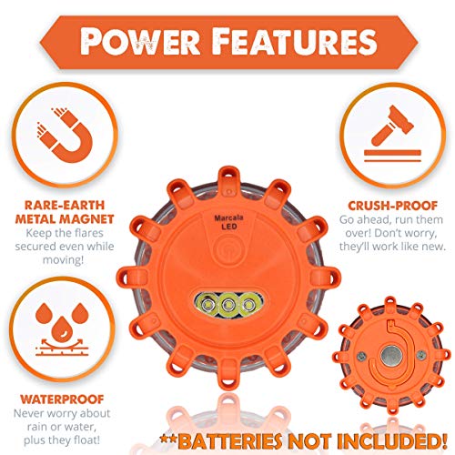 MARCALA Emergency Flares for Cars 12-Pack | Roadside Safety Discs | LED Safety Flare Emergency Lights | The only COMPLETE Safety Disc Kit w/ 2 Added Items! | Feel safer on the road!!