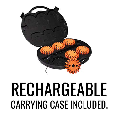 SpeedTech Lights 6 Pack of Rechargeable 16 LED Road Flare Disc Warning Beacon Emergency Flares for the Car, Truck, Bike, RV Vehicles - Roadside Emergency Kit w/ Charger & Carrying Case Included