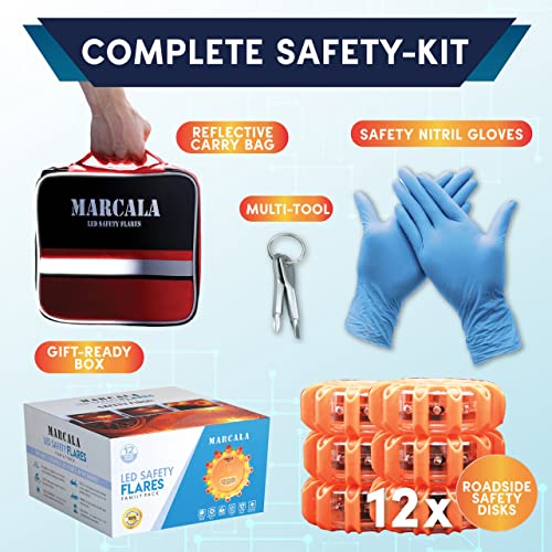 MARCALA Emergency Flares for Cars 12-Pack | Roadside Safety Discs | LED Safety Flare Emergency Lights | The only COMPLETE Safety Disc Kit w/ 2 Added Items! | Feel safer on the road!!