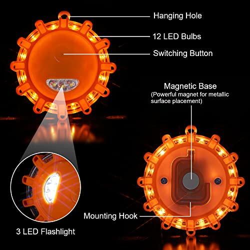 Linkitom 12 Pack LED Road Flare, Emergency Roadside Safety Beacon Disc Warning Flare Light Kit for Trucks, Vehicles & Boat