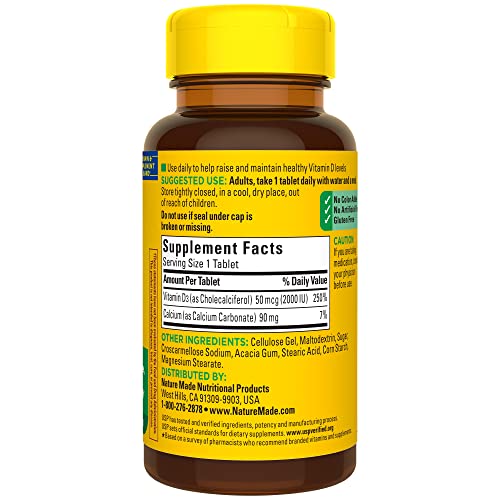 Nature Made Vitamin D3, 100 Tablets, Vitamin D 2000 IU (50 mcg) Helps Support Immune Health, Strong Bones and Teeth, & Muscle Function, 250% of the Daily Value for Vitamin D in One Daily Tablet