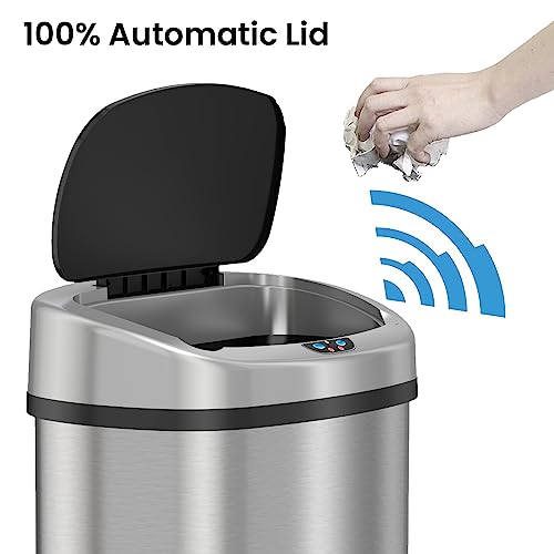 iTouchless 13 Gallon SensorCan Kitchen Trash Can with Odor Filter, Stainless Steel, Oval Shape, Sensor-Activated Lid Garbage Bin for Home, Office, Slim Space-Saving, Battery & AC Adapter not included