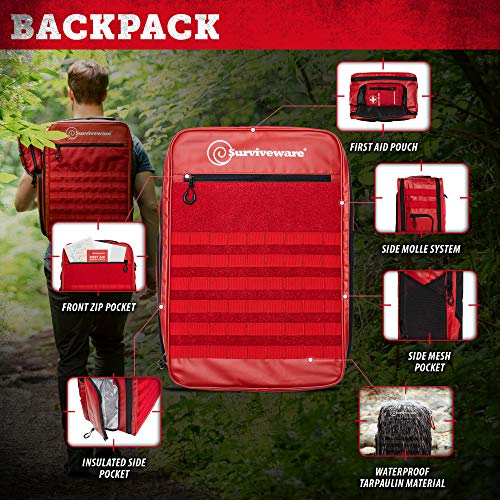 Surviveware 72-Hour Emergency Preparedness Survival Backpack, Stocked for 2 People, Red