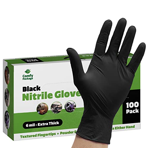 [100 Count] Disposable Black Nitrile Gloves 6 Mil. Extra Strength Latex & Powder Free, Textured Fingertips Gloves - Large