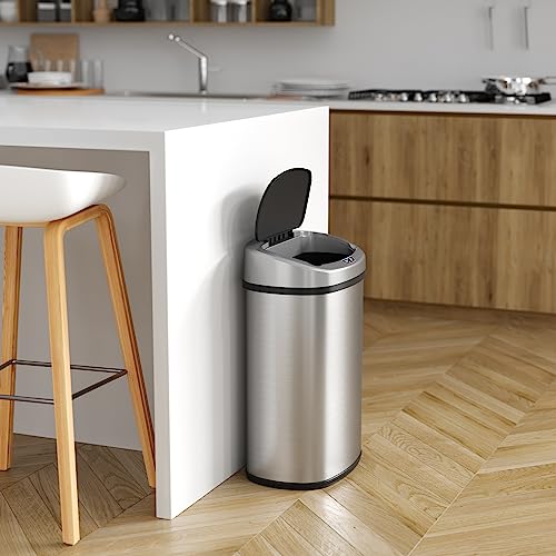 iTouchless 13 Gallon SensorCan Kitchen Trash Can with Odor Filter, Stainless Steel, Oval Shape, Sensor-Activated Lid Garbage Bin for Home, Office, Slim Space-Saving, Battery & AC Adapter not included