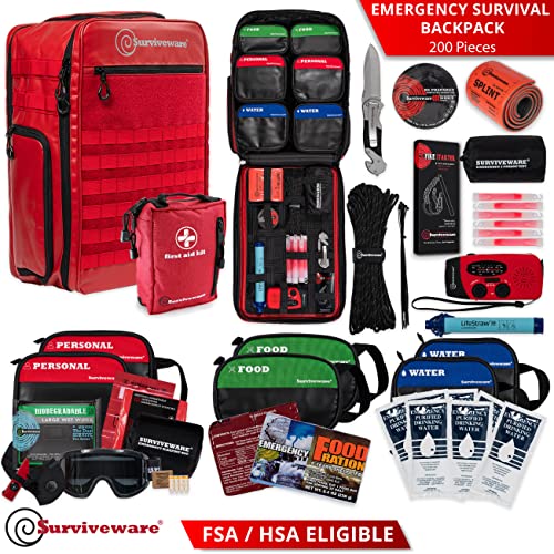 Surviveware 72-Hour Emergency Preparedness Survival Backpack, Stocked for 2 People, Red
