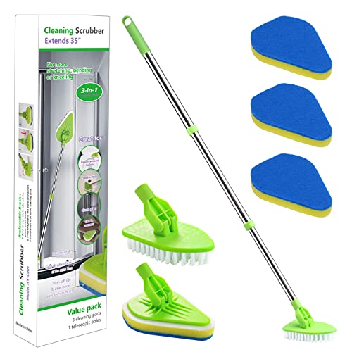3 in 1 Scrub Cleaning Brush with Long Handle 37'', Floor Scrubber Brush Set with 1 Stiff Bristles and 3 Sponge Brush for Cleaning Bathtub Shower