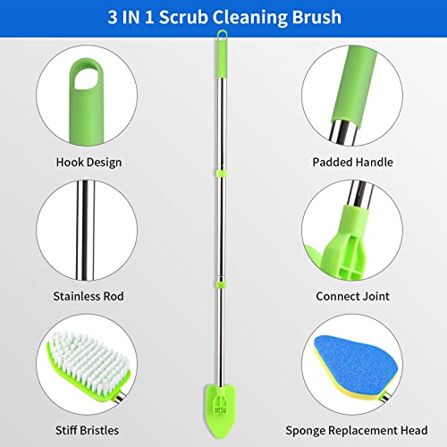 3 in 1 Scrub Cleaning Brush with Long Handle 37'', Floor Scrubber Brush Set with 1 Stiff Bristles and 3 Sponge Brush for Cleaning Bathtub Shower