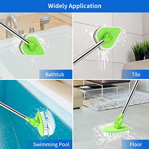 3 in 1 Scrub Cleaning Brush with Long Handle 37'', Floor Scrubber Brush Set with 1 Stiff Bristles and 3 Sponge Brush for Cleaning Bathtub Shower