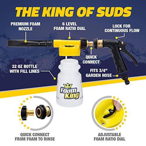 Foam King Car Wash Sprayer Bundle â incl. 3-in-1 Microfiber Wash Mitt & Detailing Towel - Ultimate Scratch Free Cleaning - Connects to Garden Hose - Foam Cannon Car Washing Kit
