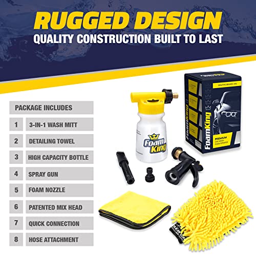 Foam King Car Wash Sprayer Bundle â incl. 3-in-1 Microfiber Wash Mitt & Detailing Towel - Ultimate Scratch Free Cleaning - Connects to Garden Hose - Foam Cannon Car Washing Kit