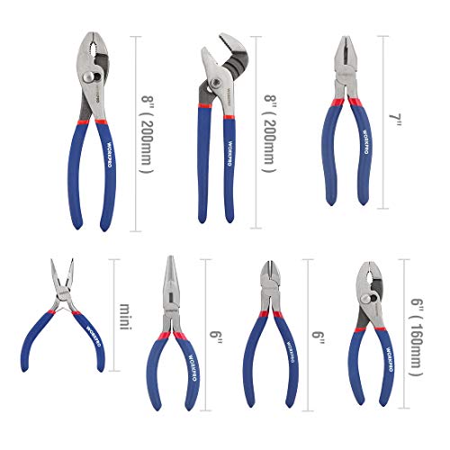 WORKPRO 7-piece Pliers Set (8-inch Groove Joint Pliers, 6-inch Long Nose, 6-inch Slip Joint, 4-1/2 Inch Long Nose, 6-inch Diagonal, 7-inch Linesman, 8-inch Slip Joint) for DIY & Home Use