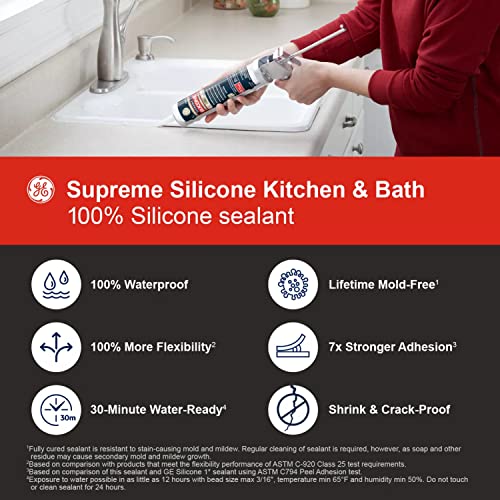 GE Sealants & Adhesives M90007 Supreme Silicone Kitchen & Bath Sealant, 10.1oz, White