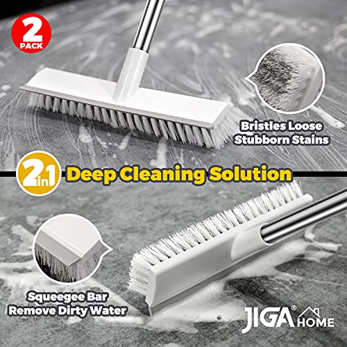 JIGA 2 Pack Floor Scrub Brush with Long Handle, 2 in 1 Scrape Brush Stiff Bristle Brush Scrubber, Cleaning Brush for Deck, Bathroom, Tub, Tile, Grout, Kitchen Floor, Patio, Garages, Gray