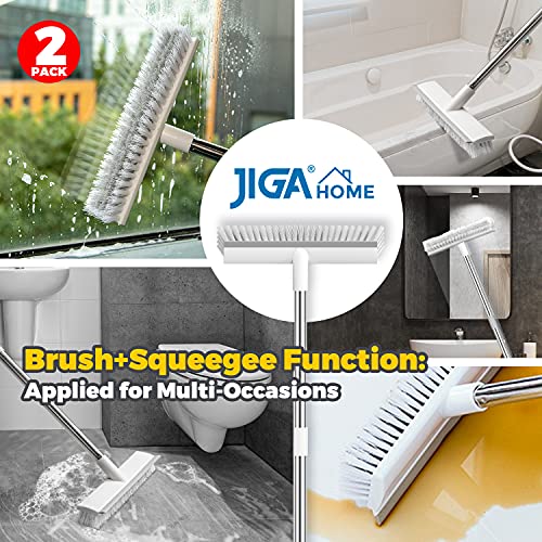 JIGA 2 Pack Floor Scrub Brush with Long Handle, 2 in 1 Scrape Brush Stiff Bristle Brush Scrubber, Cleaning Brush for Deck, Bathroom, Tub, Tile, Grout, Kitchen Floor, Patio, Garages, Gray
