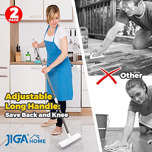 JIGA 2 Pack Floor Scrub Brush with Long Handle, 2 in 1 Scrape Brush Stiff Bristle Brush Scrubber, Cleaning Brush for Deck, Bathroom, Tub, Tile, Grout, Kitchen Floor, Patio, Garages, Gray