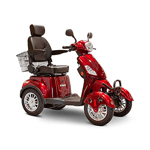 EWheels EW-46 4-Wheel 3-Speed Lightweight Travel Electric Battery-Powered Medical Mobility Scooter with Adjustable Seat and Rear Basket, Red