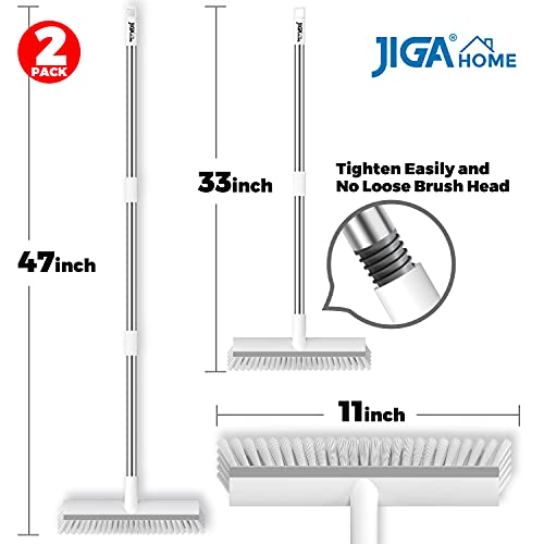 JIGA 2 Pack Floor Scrub Brush with Long Handle, 2 in 1 Scrape Brush Stiff Bristle Brush Scrubber, Cleaning Brush for Deck, Bathroom, Tub, Tile, Grout, Kitchen Floor, Patio, Garages, Gray